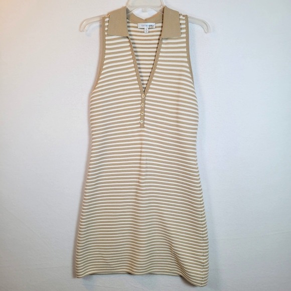 Toccin Dresses & Skirts - Toccin Womens Tank Striped Ribbed Knit Henley Short Dress Size Medium Tan Tennis